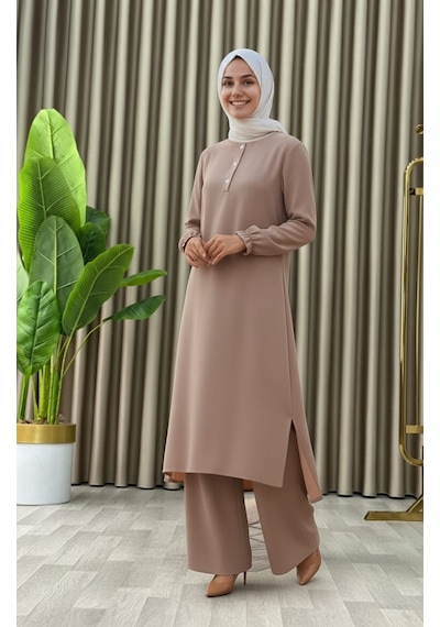 Mismoly Tesettür İkili Takım Uzun Tunik Bol Paça Pantolon 4006-bej Bej