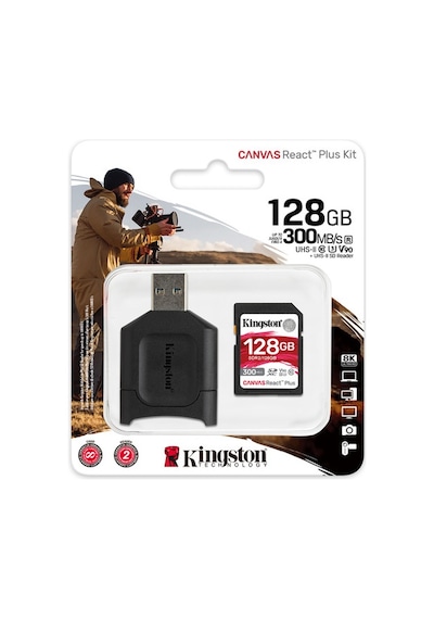 Kingston Canvas React Plus MLPR2/128GB 128 GB SDXC UHS-II Class 10 Hafıza Kartı + Adaptör