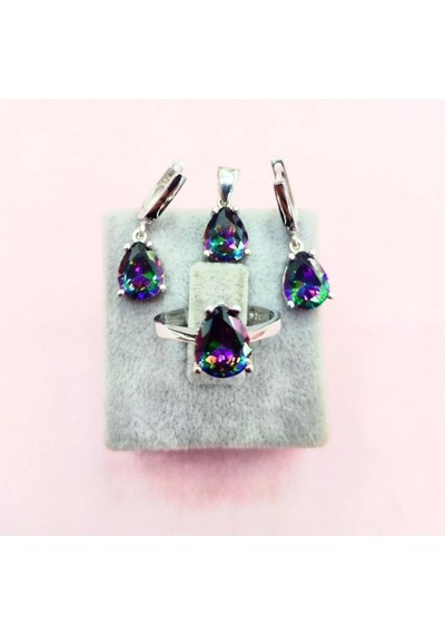 Oriental Kuyumculuk Jewellery Mistik Topaz Taşlı Damla Model Gümüş Set Takım Gümüş