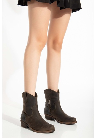 Analin Shoes Kadın Hakiki Deri Kovboy Bot Haki