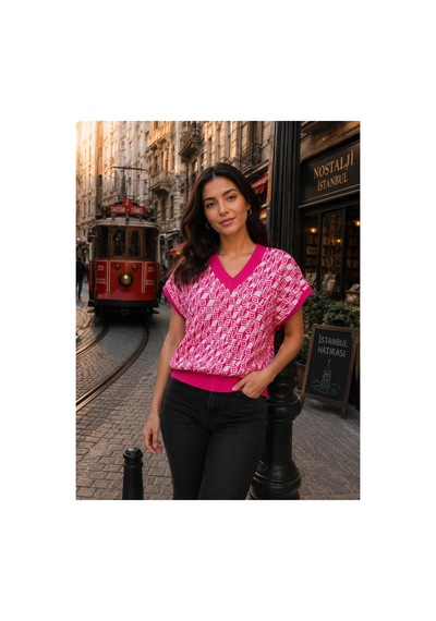 Hira Life Fashion Sfg Life Moda Kadın V Yaka Kare Desenli Şık Süveter Pembe Pembe