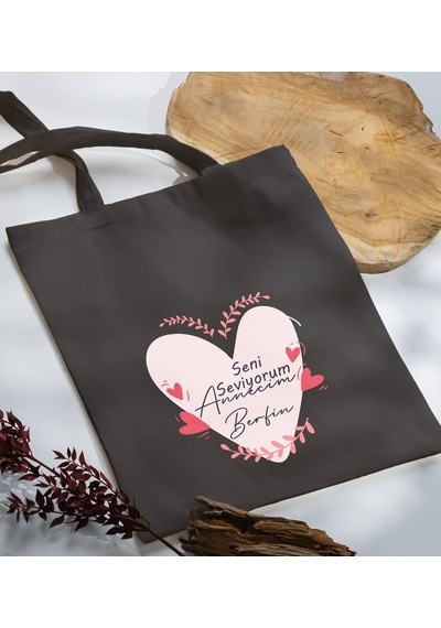 Bk Gift Kişiye Özel İsimli Anneler Günü Tasarımlı Antrasit Kumaş Bez Çanta, Baskılı Omuz Çantası, Alışveriş Çantası, Anneler Günü Hediyesi, Anneye Hediye-10 Sarı