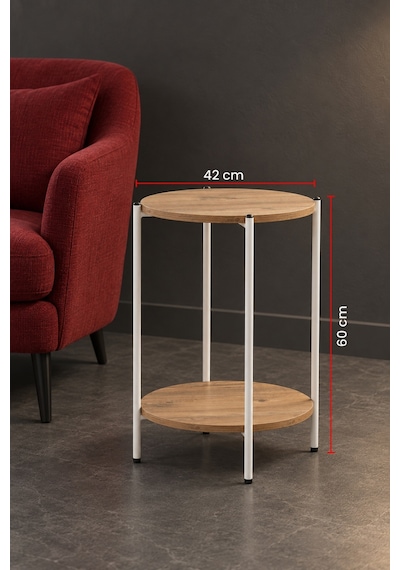 Yuvarlak Tablalı İki Raflı Yan Sehpa Q42x60 (Beyaz Atlantik Çam)