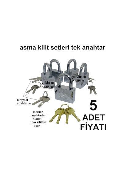 Asma Kilit 5li Set Merkez Anahtarlı Master Anahtar 5i Biyerde