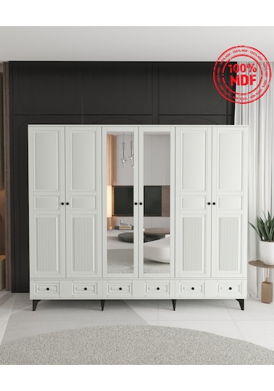 Nil 6 Kapaklı Çekmeceli Gardırop - Tamamı Mdf Beyaz Nil 6 Kapaklı Çekmeceli Gardırop - Tamamı Mdf Beyaz