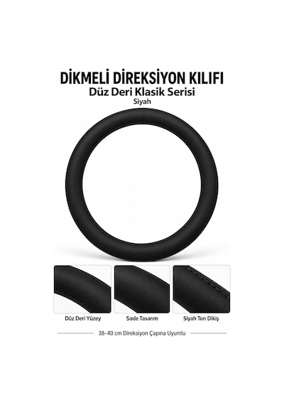 Trobus Renault Kangoo 2024 Ve Sonrası Uyumlu Dikmeli Direksiyon Kılıfı Düz Deri Klasik Siyah