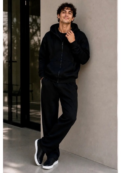 Bb Butik Basic Oversize Kalın Üç Iplik Fermuarlı Kapüşonlu Sweatshirt siyah