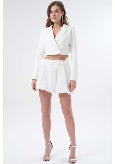 Saade Sââde Kadın Regular Fit Kruvaze Kapama Dokuma Crop Blazer Ceket -şık & Spor Beyaz