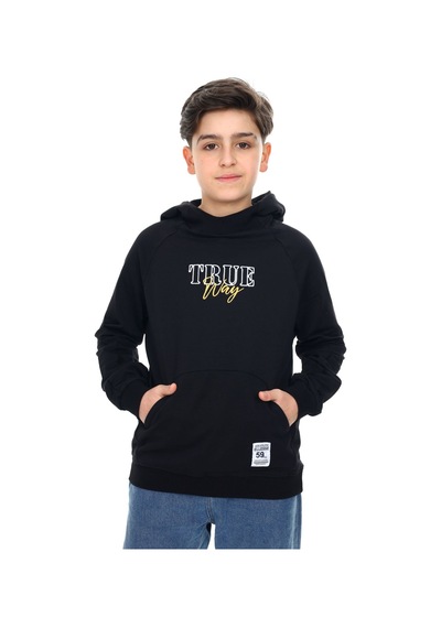 Toontoy Kids Toontoy Erkek Çocuk Relax Fit Kapüşonlu Cepli Reglan Kol Baskılı Sweatshirt - 2 İplik Siyah