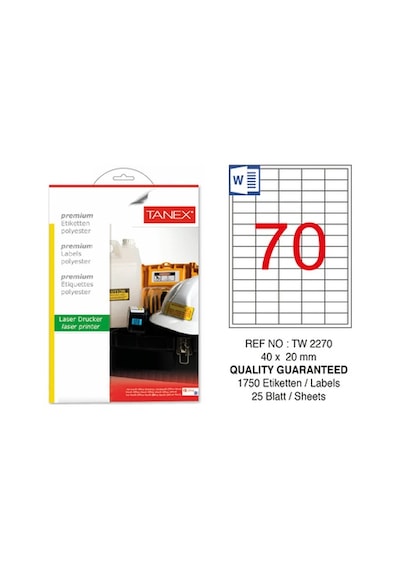 Tanex Tw-2270 40X20 Mm Polyester Beyaz Laser Etiket 25 Ad.-Pk.