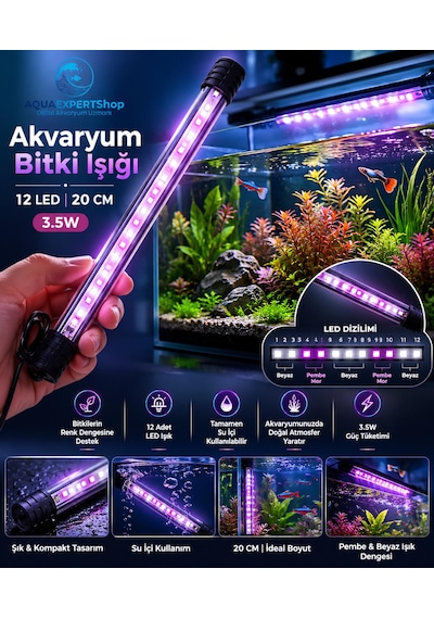Akvaryum Işığı - Bitki Işığı - Balık Işığı - Tamamen Su İçinde Kullanılabilir - 12 Led - Pembe Beyaz - 20 Cm - Güçlü Aydınlatma - 3.5w