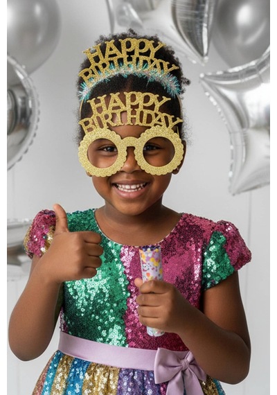 Gold Happy Birthday Simli Doğum Günü Taç Ve Gözlük Seti 2 Li Parti Aksesuarı Fotoğraf Konsepti