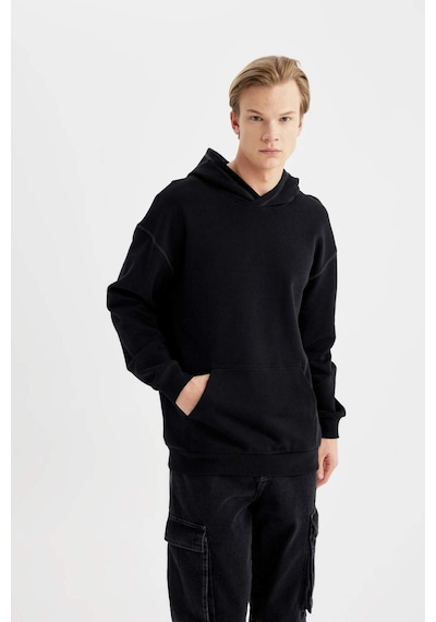 DeFacto Comfort Regular Fit Rahat Kalıp Kapüşonlu Kanguru Cepli Basic Düz Sweatshirt B4446AX24SPBK81