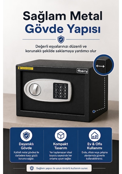 Elektronik Şifreli Çelik Kasa Duvar Ve Zemin Montajlı, Acil Anahtarlı, 9 Litre - Siyah