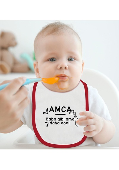 BK Kids Amca Baba Gibi Tasarımlı Kırmızı Bebek Mama Önlüğü-1 Kırmızı