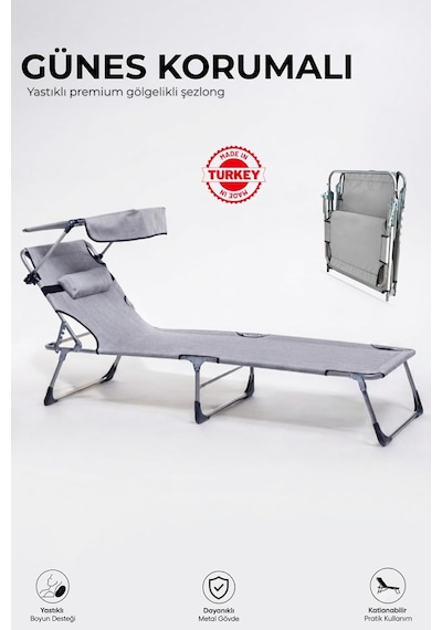 Ecm Proger Gölgelikli Katlanabilir Şezlong, Havuz, Bahçe Ve Teras İçin, Yastıklı, Gri, Modern Stil