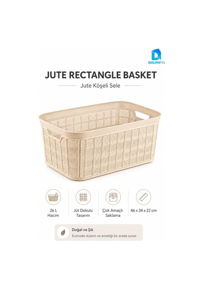 Jute Köşeli Sele 26 L Çok Amaçlı Saklama Taşıma Sepeti Çamaşır Oyuncak Düzenleyici Bej