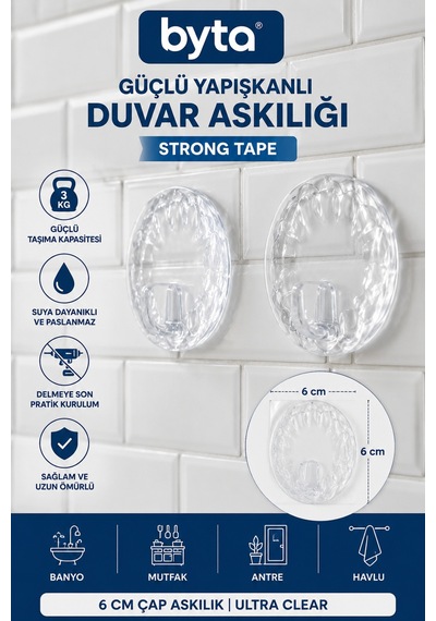 Şeffaf Kendinden Yapışkanlı Duvar Askılığı 6 Cm Çaplı Delmeden Montaj Güçlü Yapışkanlı Banyo Mutfak Havlu Askısı 2'li Şeffaf