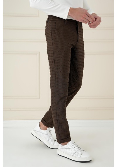 Efor Slim Fit Waffle Kumaş Esnek Pamuk Kahverengi Pantolon P 1168 Kahverengi