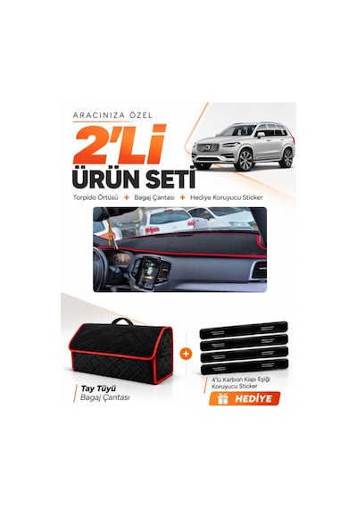 Volvo Xc-90 2015-2024 Uyumlu Torpido Örtüsü + Tay Tüyü Bagaj Çantası + Sticker - Siyah Kırmızı