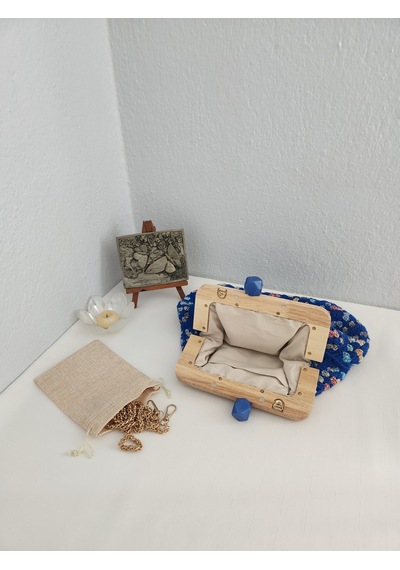 Fikriharika Design Retro, Motifli, Ahşap Burslu, Kadın El Çantası Saks Mavi