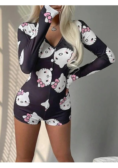 Ang Butik Kadın Pamuklu Siyah Hello Kitty Desenli Düğmeli Uzun Kol Tulum Pijama Pembe