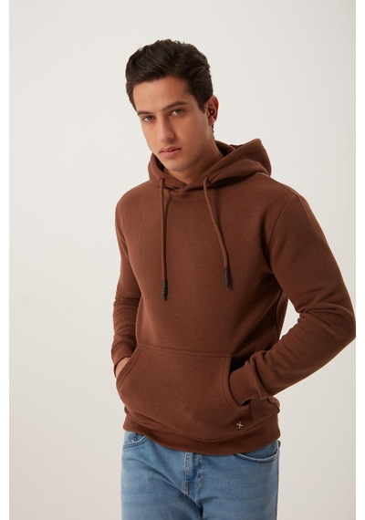 Polostate Erkek Kapüşonlu Kanguru Cep 3 İplik Sweatshirt Kahverengi