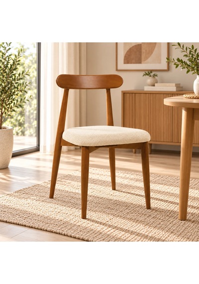 Ganni Home Oslo Sandalye Tekli Krem Ceviz Gürgen İskeletli, Kolay Silinebilir Kumaşlı Modern Yemek Sandalyesi Krem-ceviz