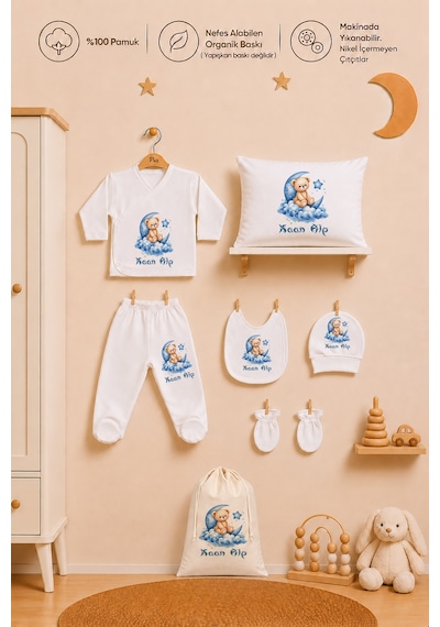 Pia Baby Erkek Bebek İsimli Hastane Çıkışı 8 Parça Zıbın Seti %100 Pamuk Battaniye Yastık Kılıfı Keseli 1070zybk0x Ekru