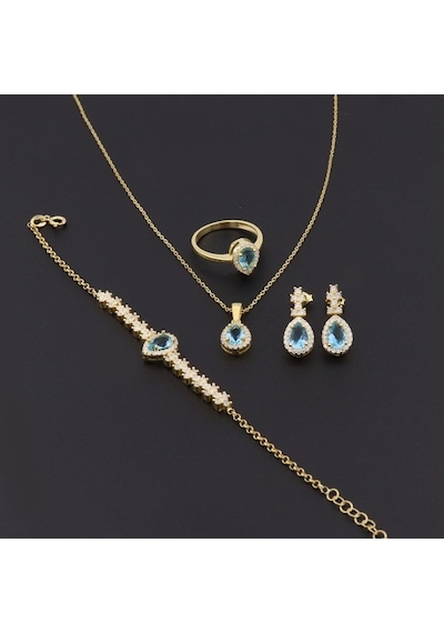925 Ayar Gümüş Damla Desen Aqua Zarif Gold Set