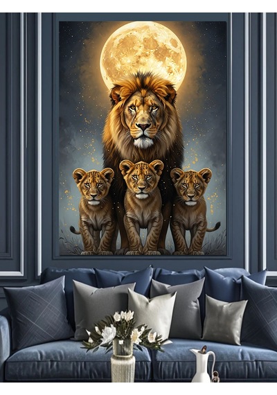 Ahşap Tablo Ay Işığında Aslan Ailesi