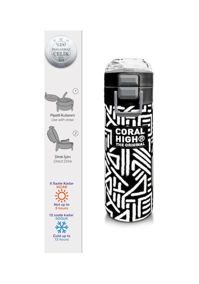 Coral High Kids Siyah Beyaz Geometrik Desenli Pipetli Ve Direkt İçim Çelik Termos 500 Ml 31882 Beyaz - Gri