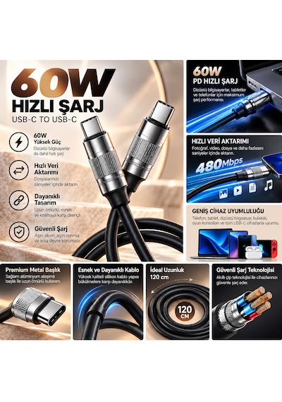 60w Usb-c To Usb-c 5.8mm Premium Silikon Pd Hızlı Şarj Kablosu