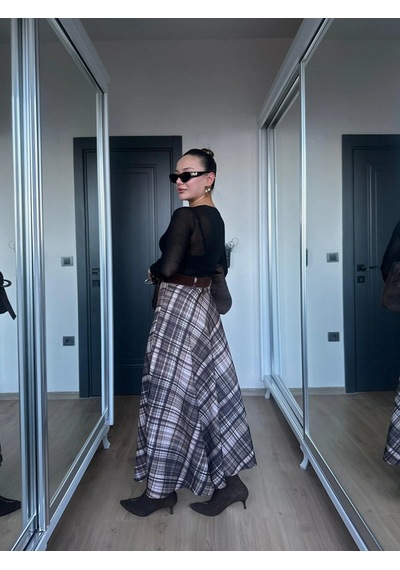 Keymoda Kadın Ekoseli Kemerli Etek Kahve Bej Kahverengi