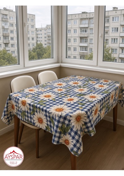 Masa Örtüsü 150x170 Cm Lacivert Kareli Papatya Beyaz