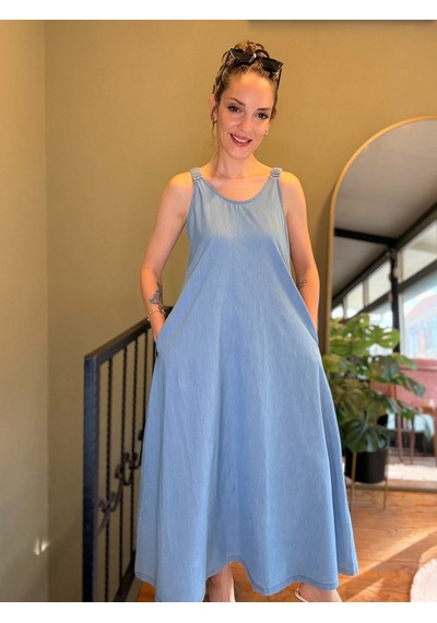 Ali Butik Açık Mavi Askıları Lastikli Tensel Elbise Ali Butik Açık Mavi Askıları Lastikli Tensel Elbise