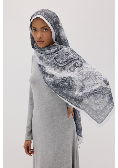 Mirsoy Scarf Elisa Pamuk Etnik Desen Şal Gri