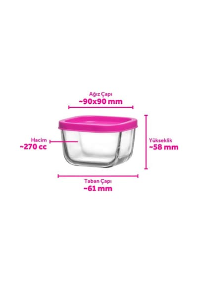 Lav Cube Cam Saklama Kabı 4'lü Küçük Boy 270 ml Kare Pembe Plastik Kapaklı (Kahvaltılık )