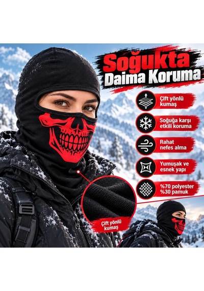 Genel Unisex Kırmızı Kurukafa Desenli Balaklava Kar Maskesi Siyah Tam Kafa Boyunluk M Siyah / Standart