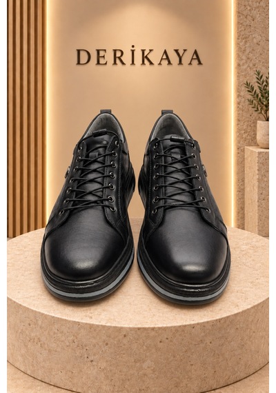 Deri Kaya Erkek Logo Detaylı Bağcıklı Günlük Sneaker Spor Ayakkabı Siyah