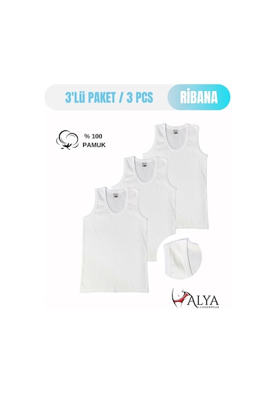 Alya Underwear Erkek Çocuk Pamuk Ribana Atlet Oval Yaka 3'lü Paket Beyaz-t05