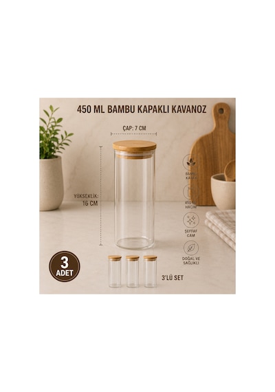 3lü Set Bambu Kapaklı Cam Saklama Kavanozu Hava Geçirmez Çok Amaçlı Mutfak Saklama Kabı 450ml Şeffat