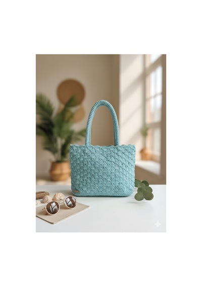 Execanta Omuz Çanta Kağıt İp Örme Su Yeşili 34x25x20 Yeşil