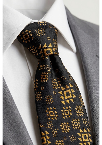 Milleniva Motif Desenli Siyah Gold Kravat & Mendil