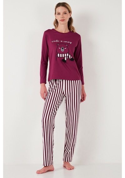Lela Regular Fit Desenli Bisiklet Yaka Bayan Pijama Takımı 65719102 Mürdüm