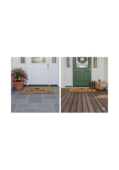 Eldione Kaymaz Tabanlı Baskılı Şık Kapı Önü Paspası 45x70 Cm Coco Hasır Görünümlü Velür Kedi Desenli Paspas Bej