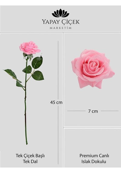 Pembe Yapay Gül Tek Dal Premium Canlı Islak Dokulu 45 Cm