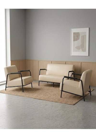 Atlas 2+1+1 Deri Ofis Modern Bekleme Koltuk Takımı Siyah Metal İskelet - Krem