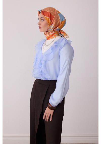 Belli Geometrik Desen %100 Twill İpek Eşarp Be01 Turuncu