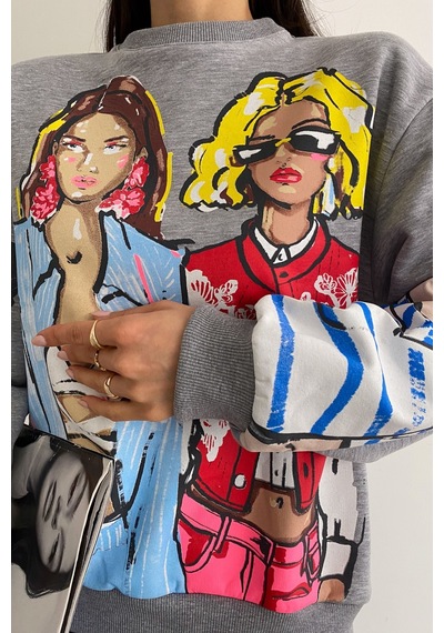 Femelle Kadın Gri 3 İplik Şardonlu Baskılı Oversize Pamuk Sweatshirt